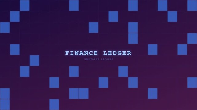 Sophisticated digital visualization featuring a blockchain finance ledger where glowing blue data blocks propagate through a dark violet cybernetic grid to represent secure immutable records