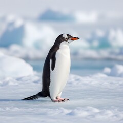 Fototapeta premium penguin standing on Antarctic ice snowy landscape winter wildlife polar nature scene