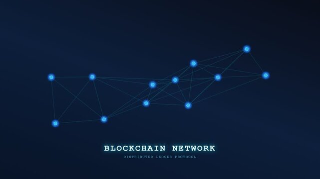 An intricate digital animation of a blockchain finance ledger manifesting as luminous blue nodes interconnecting through a dark void to represent secure and decentralized data transmission