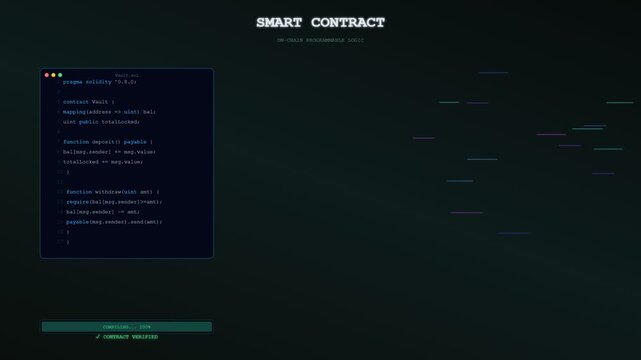 A sophisticated animation depicting a blockchain finance ledger being programmed within a dark digital environment to illustrate the secure implementation of modern decentralized financial agreements