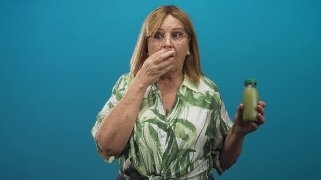 Woman holding green juice bottle with hand covering mouth in studio wearing a leaf print shirt and glasses; surprise wellness curiosity.