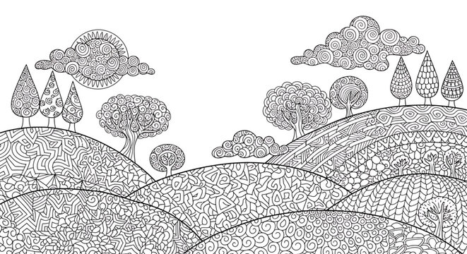 Detailed Hand-Drawn Abstract Nature Scape with Organic Patterns for Creative Coloring