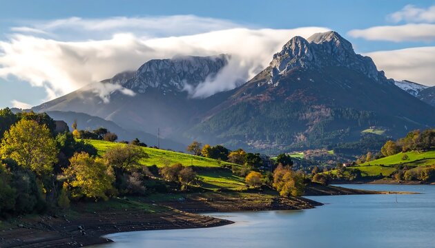 A serene landscape with a large mountain behind a lake