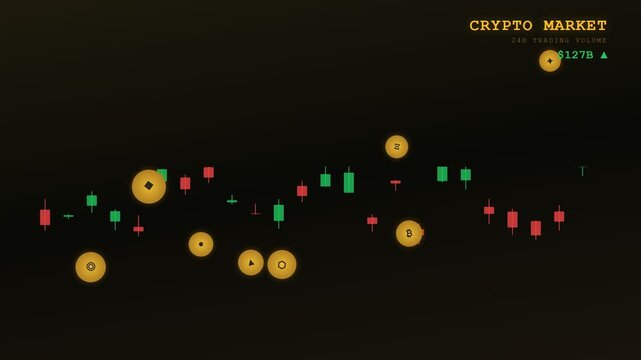 An animated blockchain finance ledger visualizing the volatility of digital currency markets with golden coins and fluctuating candlestick charts against a dark atmospheric digital backdrop