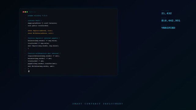 An intricate animation showcasing a blockchain finance ledger evolving through lines of glowing code as a smart contract automates secure asset management within a virtual environment