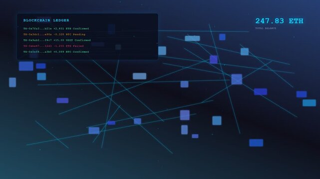 An intricate blockchain finance ledger visualizes real time digital currency transactions through a dynamic web of glowing connections and fluctuating cryptographic data values in dark space