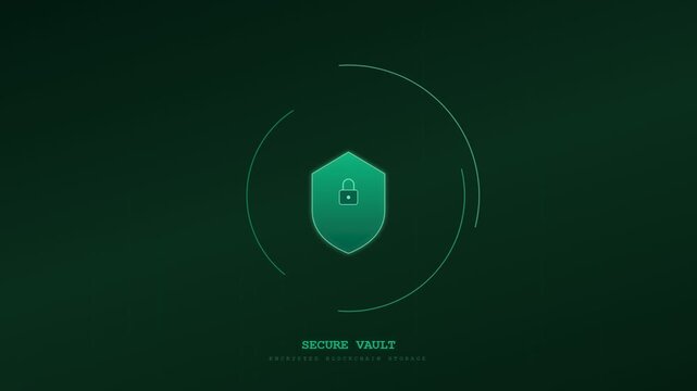 An advanced blockchain finance ledger animation featuring a glowing emerald shield and rotating orbital rings that symbolize impenetrable digital security for high value asset protection systems