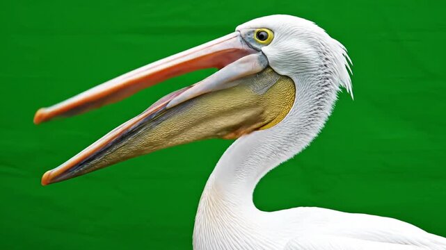 Close-up portrait of a majestic white pelican with its long beak and gular pouch against a vibrant green background.
