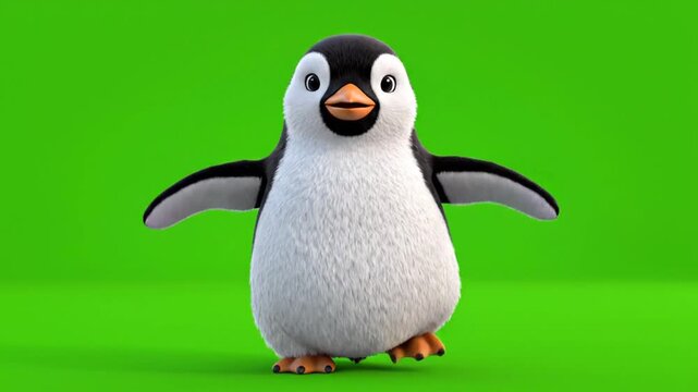 A cute 3D animated cartoon baby penguin character standing on a green screen background, looking forward with flippers out.