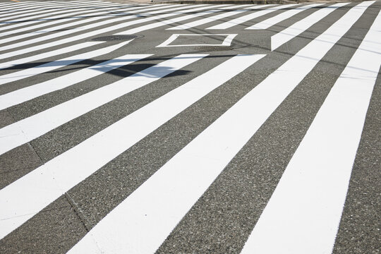 Zebra crossing lines on asphalt road with perspective