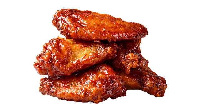 Buffalo chicken wings coated in spicy sauce, stacked and isolated on white background, classic American appetizer.
