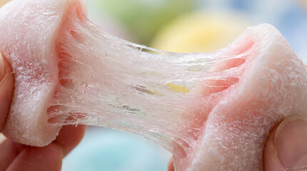 Fototapeta premium Close-up of a person stretching sweet, translucent mochi dough with a unique, gooey texture