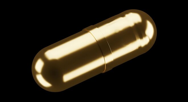 A golden capsule, gleaming against a black background. Detailed, isolated, and highly polished