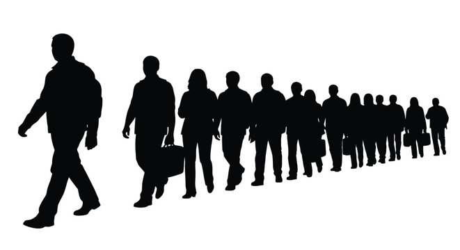 Vector illustration showing a long line of diverse people silhouettes walking forward in a progressive formation, representing community, journey, and collective human movement.