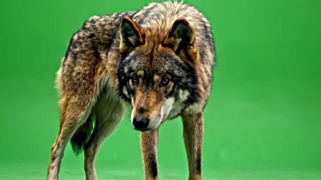 A majestic wolf with brown and black fur stands against a vibrant green screen, looking intently forward.