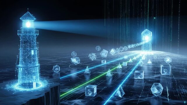 Digital Lighthouse Emitting Light Illuminating Geometric Shapes Data Flow On Abstract Ocean-like Landscape With Binary Code Raining For Technology Data Science Cybersecurity Visuals