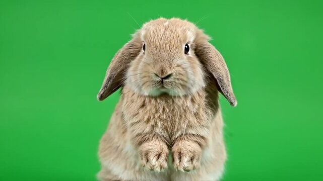 A cute light brown lop-eared rabbit stands on its hind legs against a vibrant green background, looking directly forward.