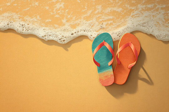 Flip flop sandal beach sand ocean wave summer travel holiday colorful flip flop sandal golden beach sand near gentle ocean wave evoke calm.