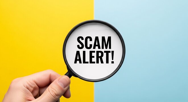 Hand holding magnifying glass with scam alert text over yellow and blue background emphasizing warning about fraudulent schemes and online security risks