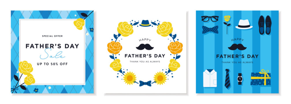 父の日の装飾フレームとギフトモチーフのベクターイラストセット　黄色　バラ　1:1 スクエア