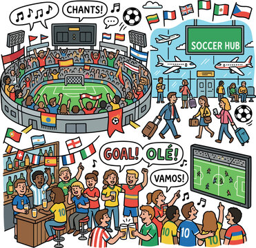 Diverse soccer fans celebrating in stadium and bar