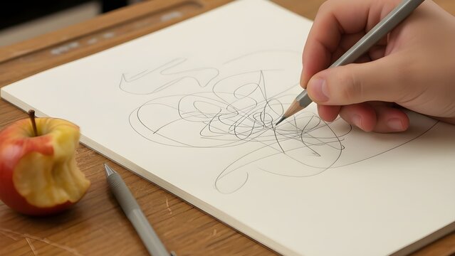 종이 위에 연필로 자유롭게 아이디어를 스케치하는 예술가의 손 (Artist's hand freely sketching ideas with a pencil on paper)