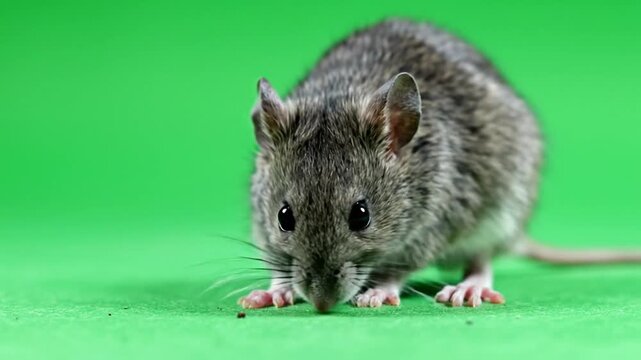 A small grey house mouse with prominent ears and dark eyes, sniffing the ground on a vibrant green background.