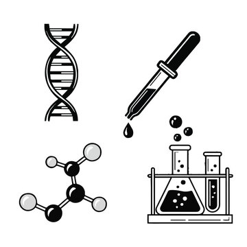 Black and white illustration of dna dropper molecular structure and laboratory equipment