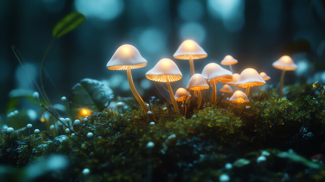 A mystical scene of glowing mushrooms nestled in a dark, enchanting forest, highlighting nature's hidden beauty.