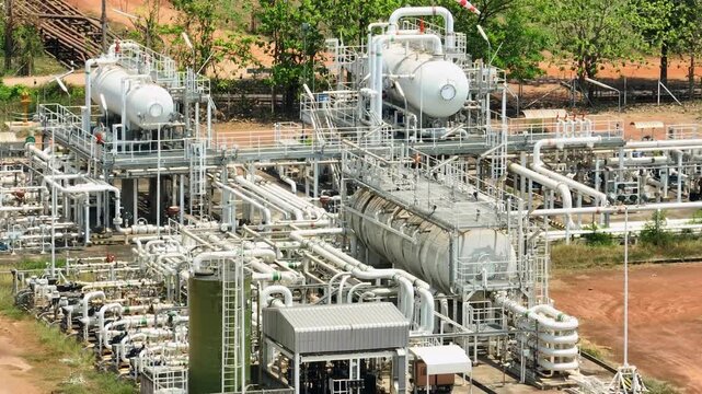 An aerial view of a modern oil facility with separator tanks and pipeline networks, representing petroleum output systems aligned with present-day global energy consumption needs. 4k.

