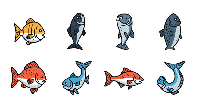 Colorful cartoon fish in various poses.