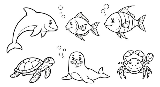 Cartoon sea animals smiling faces.