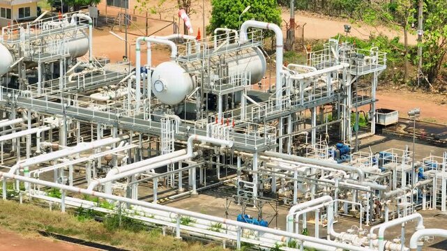 Top-down drone capture of industrial petroleum infrastructure and oil separator tanks, emphasizing efficient production processes responding to ongoing demand in the global oil market. 4k.
