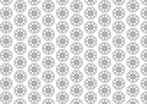 Seamless monochrome geometric pattern with gray octagonal lattice shapes containing linear interior details, arranged in a repetitive grid on a clean white backdrop.