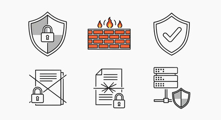 Fototapeta premium Security icons depict shields, locks, and protected documents with a brick wall.