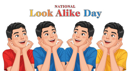 Illustration celebrating National Look Alike Day, featuring four cartoon men with identical faces and similar appearances, propping their chins with their hands, against a clean white © Cintarsih
