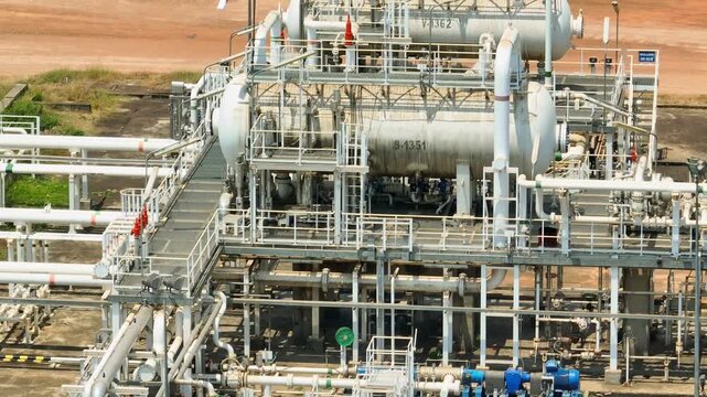 Drone perspective of a petroleum facility with complex pipelines and separator tanks, illustrating industrial oil operations driven by strong global market demand for fuel and energy supply. 4k.
