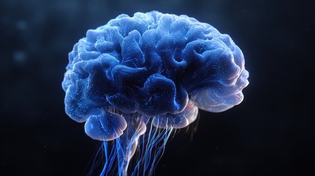 Illuminated structure representing the human cerebrum glows with intense blue light against a dark background.