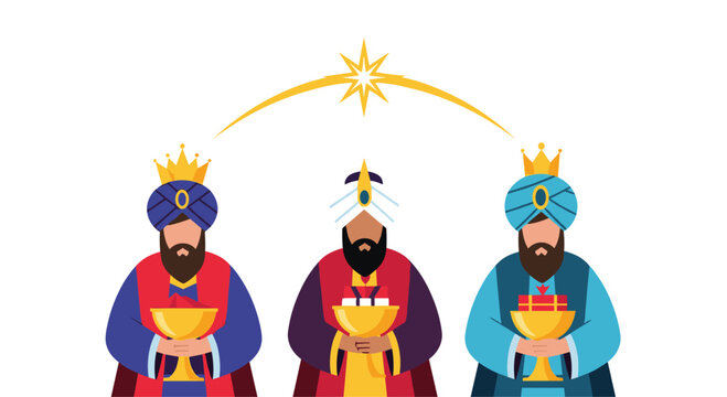 Biblical scene features the three wise men in royal robes carrying gold, frankincense, and myrrh under a guiding star.
