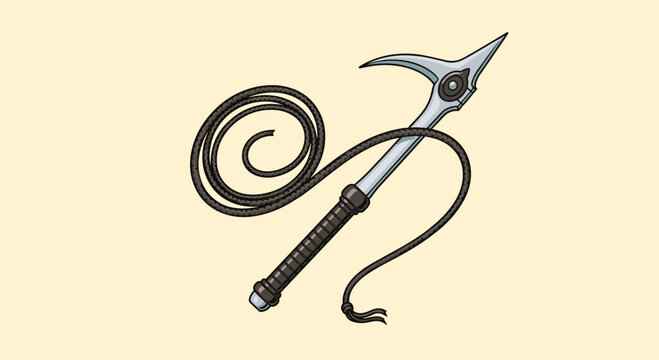 Steel grappling hook with three prongs is attached to a long coiled rope for climbing and adventure illustration purposes.