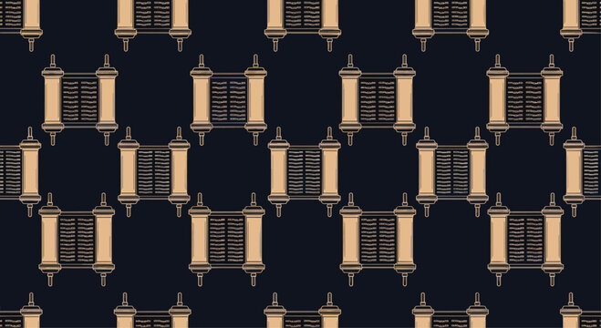 Traditional Torah scrolls arranged in a repeating seamless pattern over a dark blue background, suitable for religious or cultural themes.