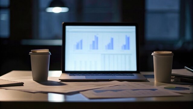 A dimly lit workspace shows a laptop displaying bar charts, flanked by two takeaway coffee cups and scattered documents on a desk.