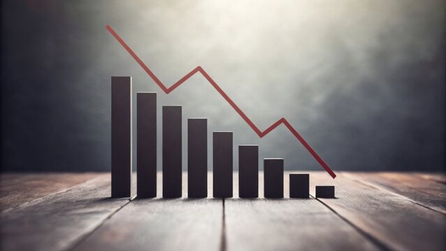 A 3D bar graph with descending black bars and a red line chart showing a sharp decline on a wooden surface with a blurred background.