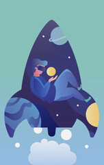 Flat vector illustration of a man wearing a virtual reality headset floating inside a rocket ship silhouette containing planets and stars against a teal background with smoke. © indra