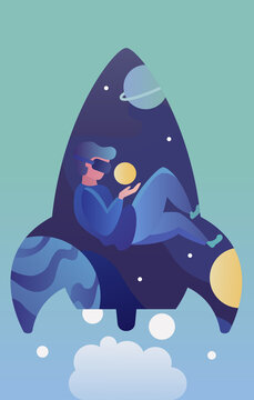 Flat vector illustration of a man wearing a virtual reality headset floating inside a rocket ship silhouette containing planets and stars against a teal background with smoke.