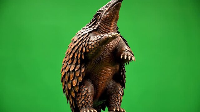 A pangolin stands upright on its hind legs, looking upwards, against a vibrant green background, showcasing its unique scaly armor.