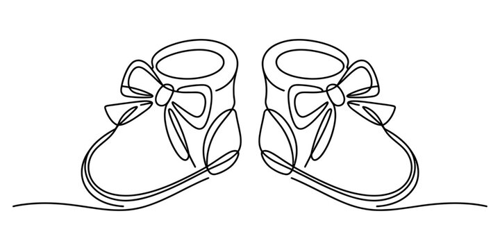 Continuous line drawing of a pair of cute baby booties with decorative bows on a white background.