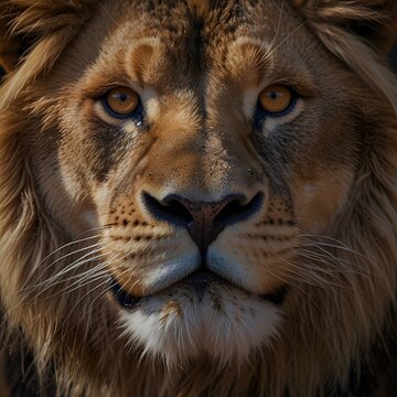 Lion face close-up with strong eye focus, shallow depth of field, blurred nature background, dramatic lighting, wildlife awareness concept