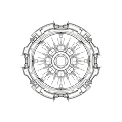 Naklejka premium Detailed technical blueprint illustration of a futuristic circular mechanical device with intricate geometric patterns.