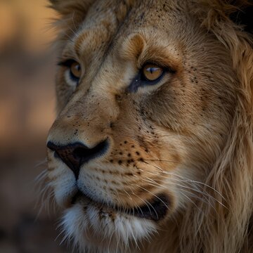 Lion face close-up with strong eye focus, shallow depth of field, blurred nature background, dramatic lighting, wildlife awareness concept
